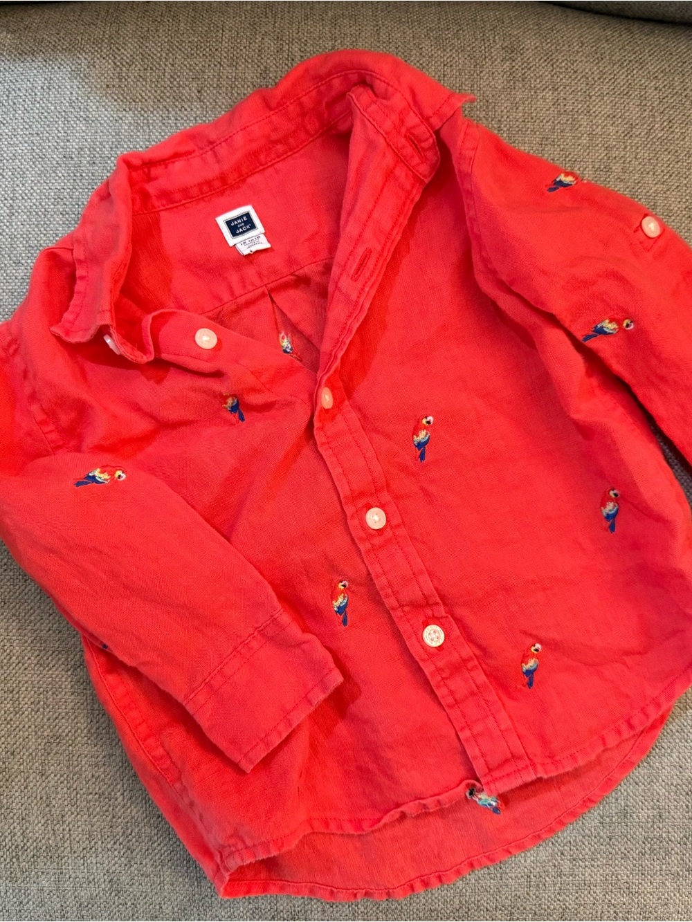 Janie and Jack Coral Red Button-Down Shirt with Parrot Embroidery